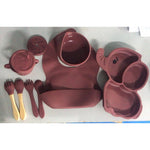 Set 10 Piese Servire Masa. Flippy, pentru Bebelusi si Copii, din Silicon/Lemn, cu Ventuze Anti-alunecare, fara