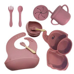 Set 10 Piese Servire Masa. Flippy, pentru Bebelusi si Copii, din Silicon/Lemn, cu Ventuze Anti-alunecare, fara
