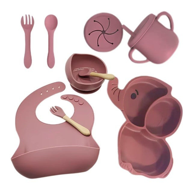 Set 10 Piese Servire Masa. Flippy, pentru Bebelusi si Copii, din Silicon/Lemn, cu Ventuze Anti-alunecare, fara