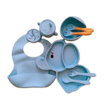Set 10 Piese Servire Masa. Flippy, pentru Bebelusi si Copii, din Silicon/Lemn, cu Ventuze Anti-alunecare, fara