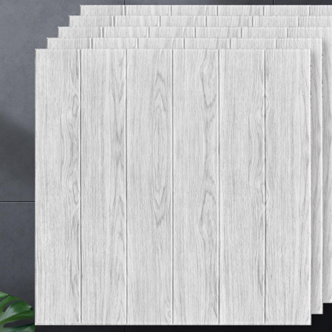 Set 10 Placi Tapet 3D, Flippy, 70 x 70 cm, Grosime 3 mm, din Rasina, Tip Placi de Lemn, Suprafata Acoperita 4.9 mp, Gri