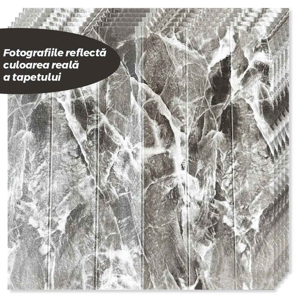 Set 10 Placi Tapet 3D, Flippy, 70 x 70 cm, Grosime 3 mm, din Rasina, Tip Placi de Lemn, Suprafata Acoperita 4.9 mp, Gri