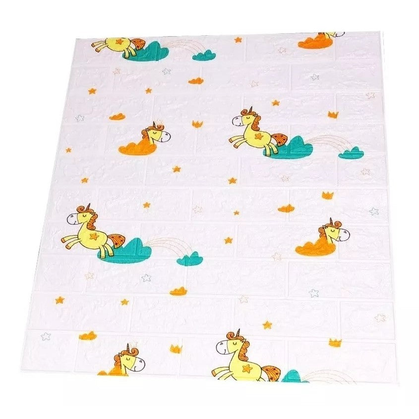 Set 10 Placi Tapet 3D, Flippy, 70 x 77 cm, Grosime 3 mm, din Polietilena, Tip Caramida, Model Unicorni, Suprafata