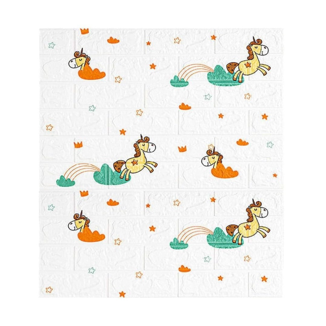 Set 10 Placi Tapet 3D, Flippy, 70 x 77 cm, Grosime 3 mm, din Polietilena, Tip Caramida, Model Unicorni, Suprafata