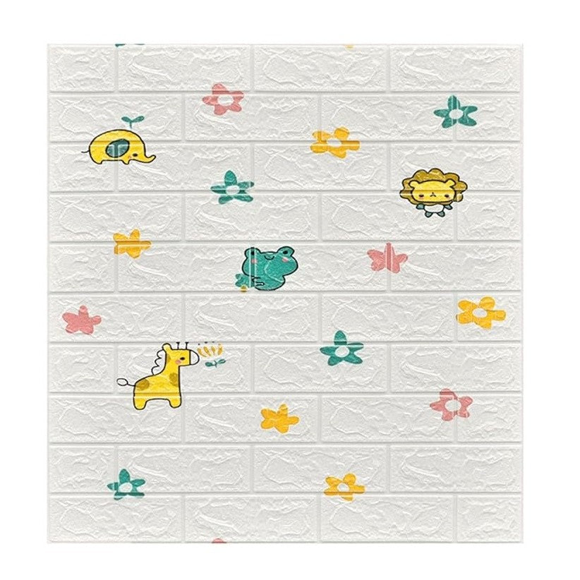 Set 10 Placi Tapet 3D, Flippy, 70 x 77 cm, Grosime 3 mm, din Polietilena, Tip Caramida, Model Animalute si Floricele,