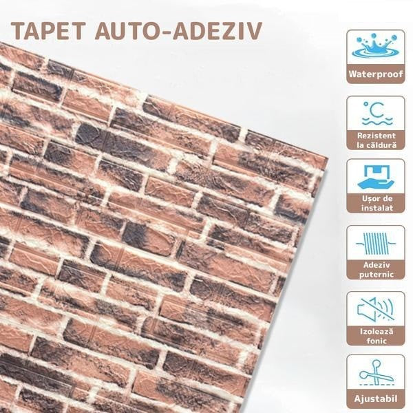 Set 10 Placi Tapet 3D, Flippy, 70 x 77 cm, Grosime 3 mm, din Polietilena, Model Caramida, Suprafata acoperita 5.3 mp,