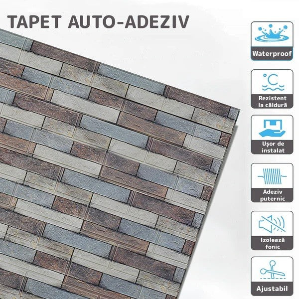 Set 10 Placi Tapet 3D, Flippy, 70 x 77 cm, Grosime 3 mm, din Polietilena, Model Caramida, Suprafata acoperita 5.3 mp,