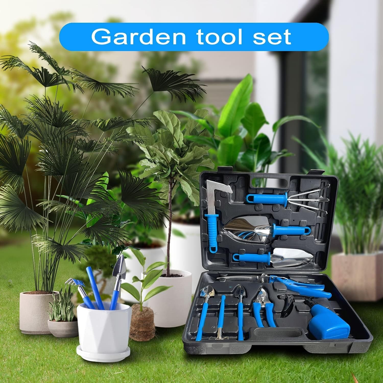 Set 10 Unelte de Gradina, Flippy, pentru Plantare Prelucrare Sol si Ingrijire Plante, Manere Albastre, Material PVC si