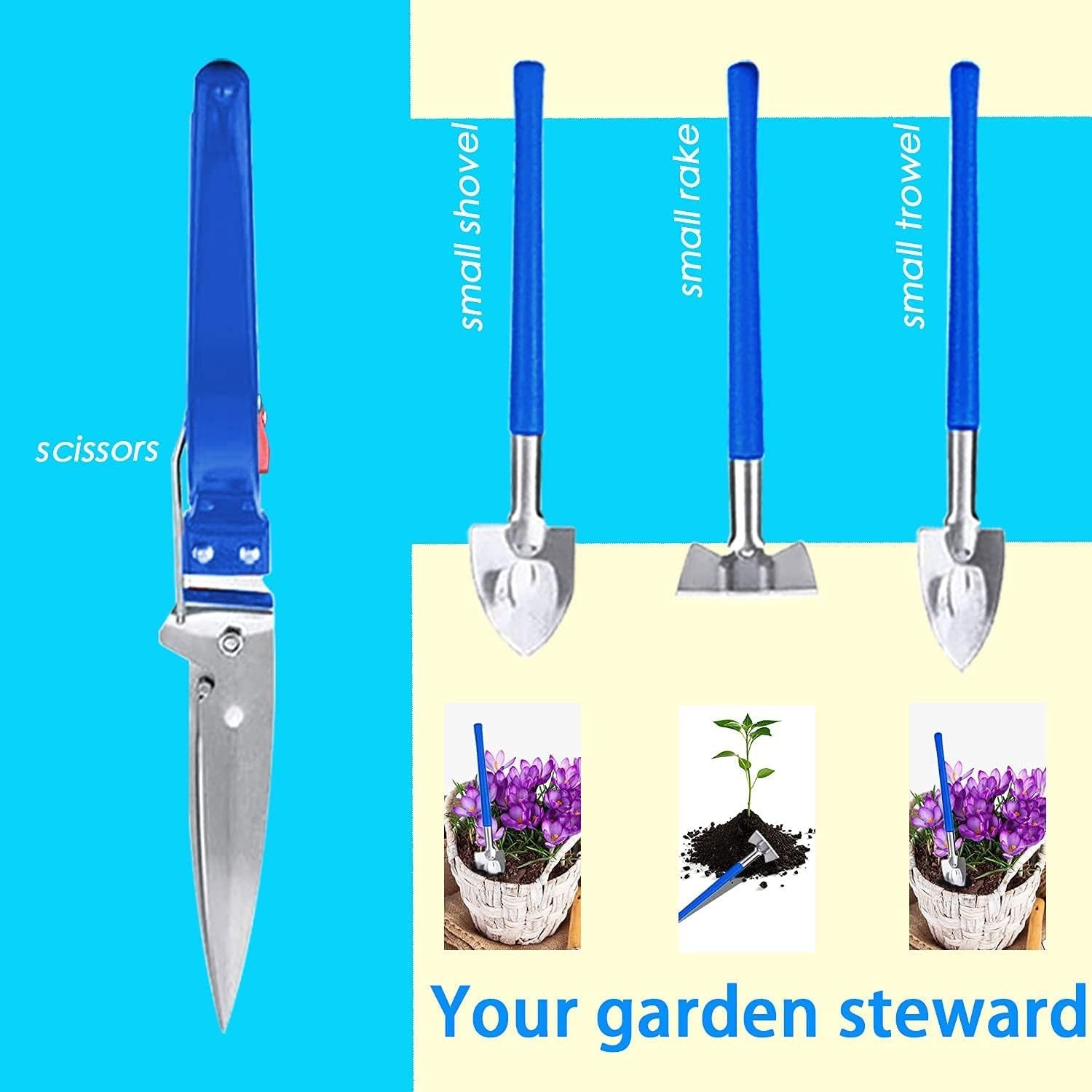 Set 10 Unelte de Gradina, Flippy, pentru Plantare Prelucrare Sol si Ingrijire Plante, Manere Albastre, Material PVC si
