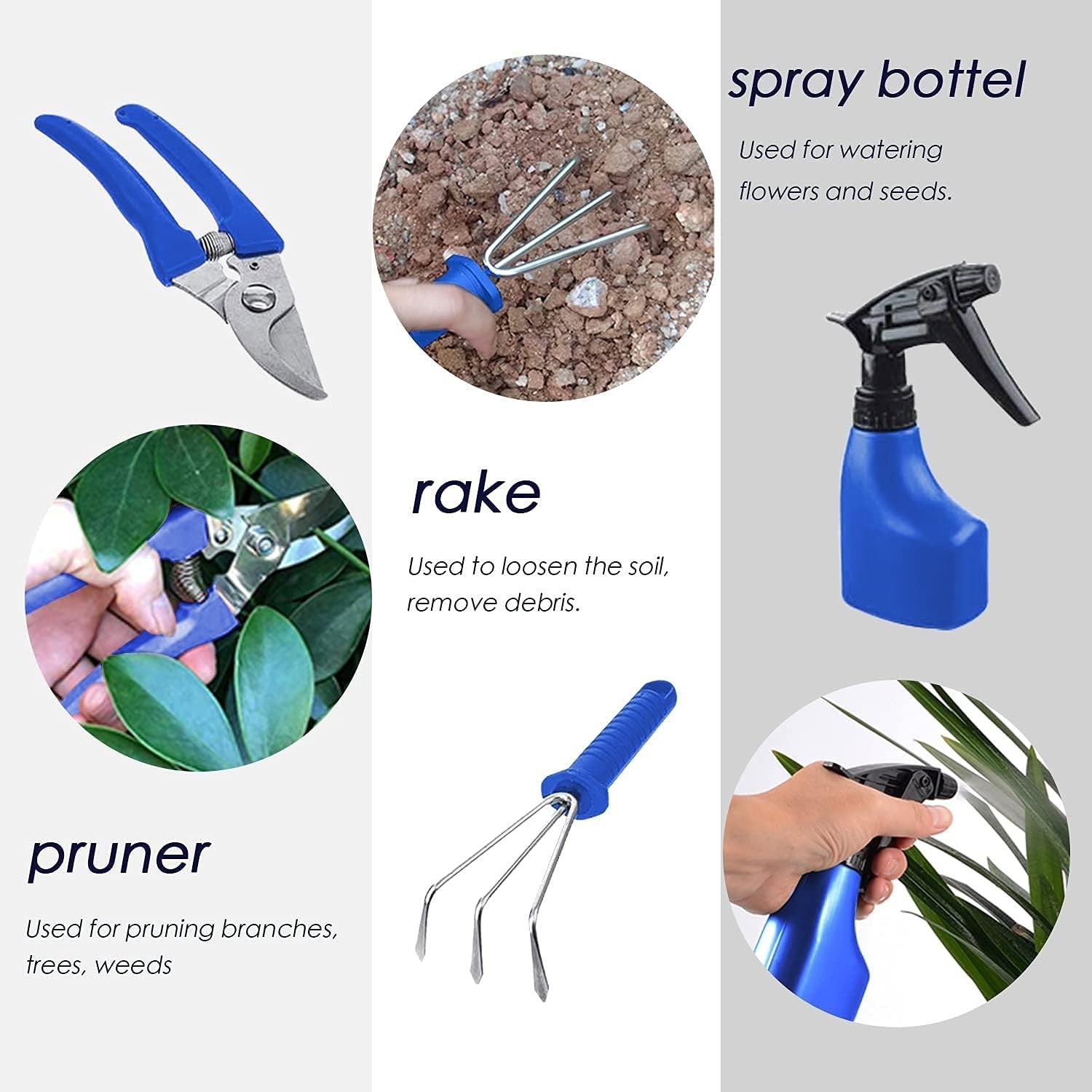 Set 10 Unelte de Gradina, Flippy, pentru Plantare Prelucrare Sol si Ingrijire Plante, Manere Albastre, Material PVC si