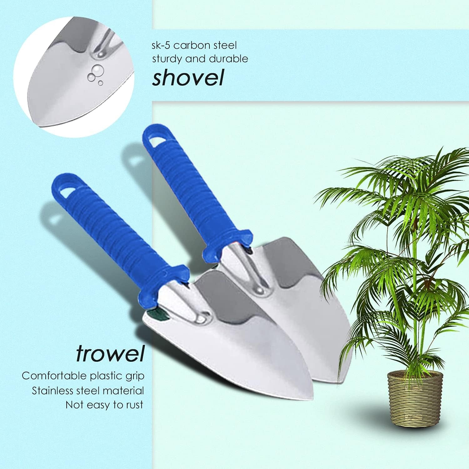 Set 10 Unelte de Gradina, Flippy, pentru Plantare Prelucrare Sol si Ingrijire Plante, Manere Albastre, Material PVC si