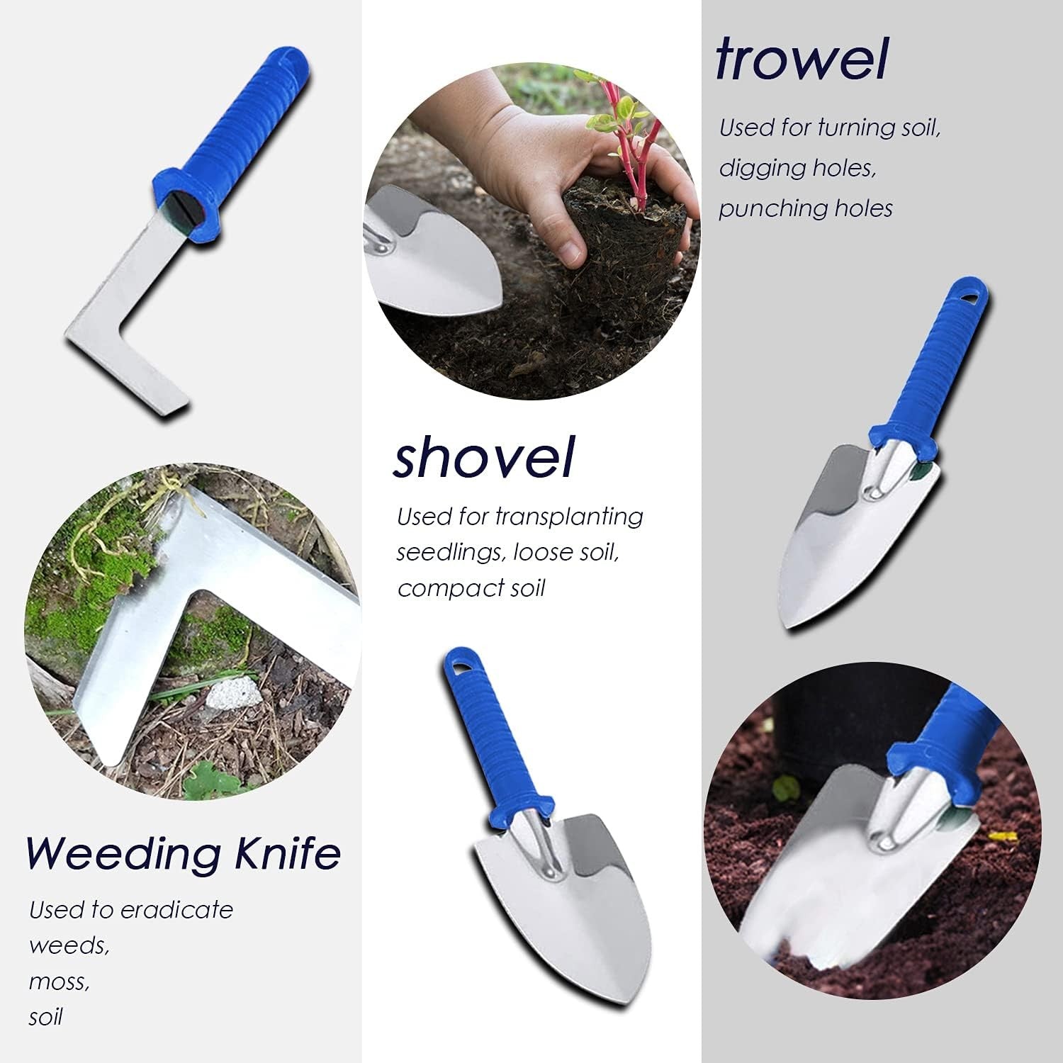Set 10 Unelte de Gradina, Flippy, pentru Plantare Prelucrare Sol si Ingrijire Plante, Manere Albastre, Material PVC si