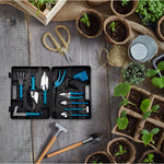 Set 10 Unelte de Gradina, Flippy, pentru Plantare Prelucrare Sol si Ingrijire Plante, Manere Albastre, Material PVC si