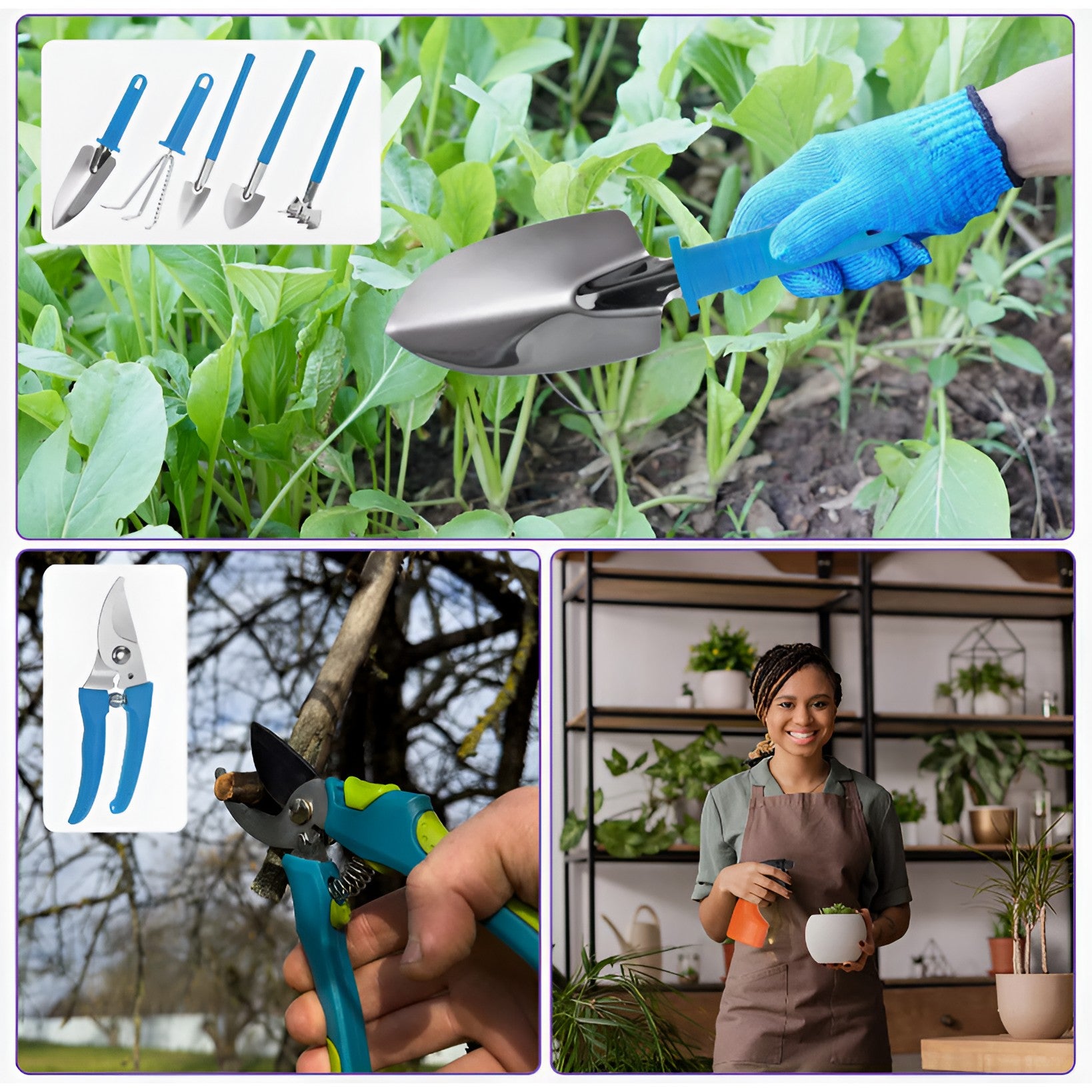 Set 10 Unelte de Gradina, Flippy, pentru Plantare Prelucrare Sol si Ingrijire Plante, Manere Albastre, Material PVC si