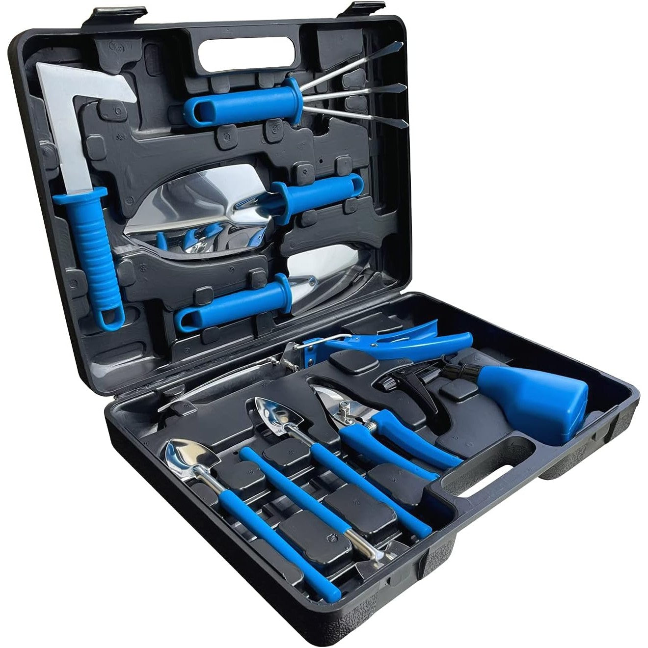 Set 10 Unelte de Gradina, Flippy, pentru Plantare Prelucrare Sol si Ingrijire Plante, Manere Albastre, Material PVC si