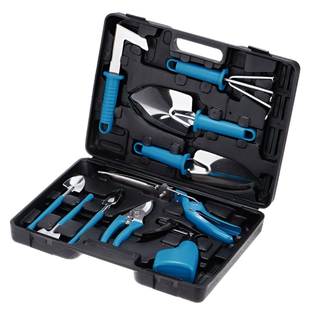 Set 10 Unelte de Gradina, Flippy, pentru Plantare Prelucrare Sol si Ingrijire Plante, Manere Albastre, Material PVC si