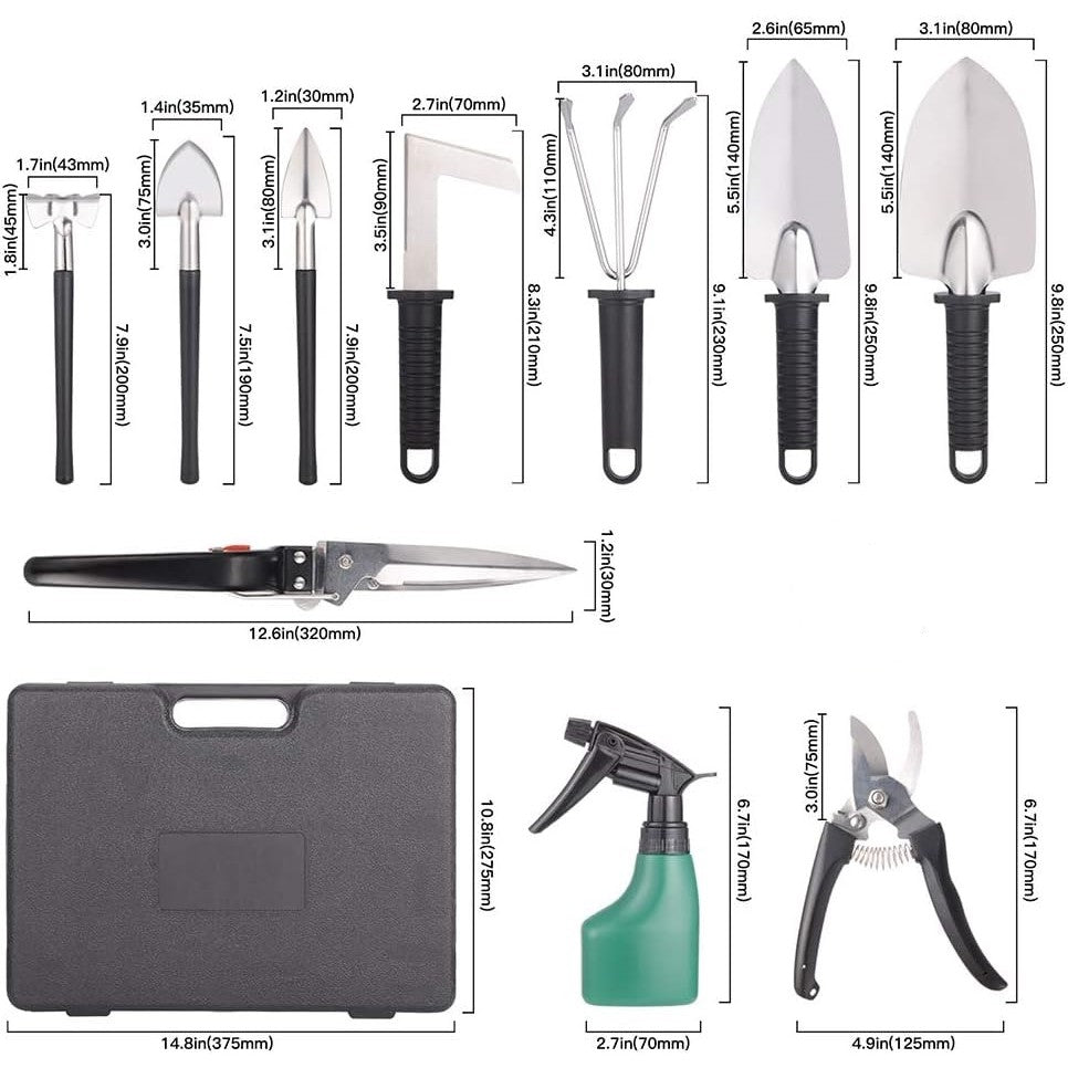 Set 10 Unelte de Gradina, Flippy, pentru Plantare Prelucrare Sol si Ingrijire Plante, Manere Negre, Material PVC si