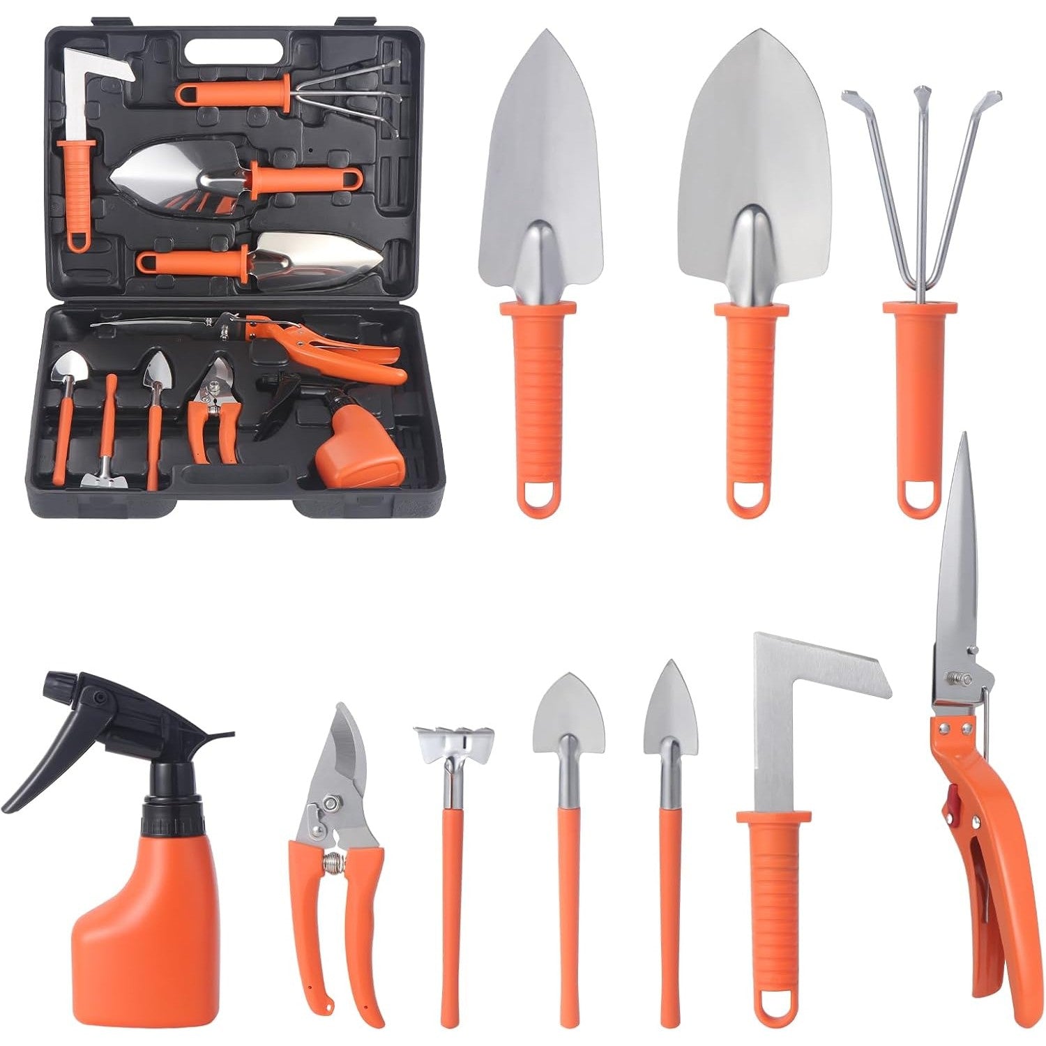 Set 10 Unelte de Gradina, Flippy, pentru Plantare Prelucrare Sol si Ingrijire Plante, Manere Portocalii, Material PVC