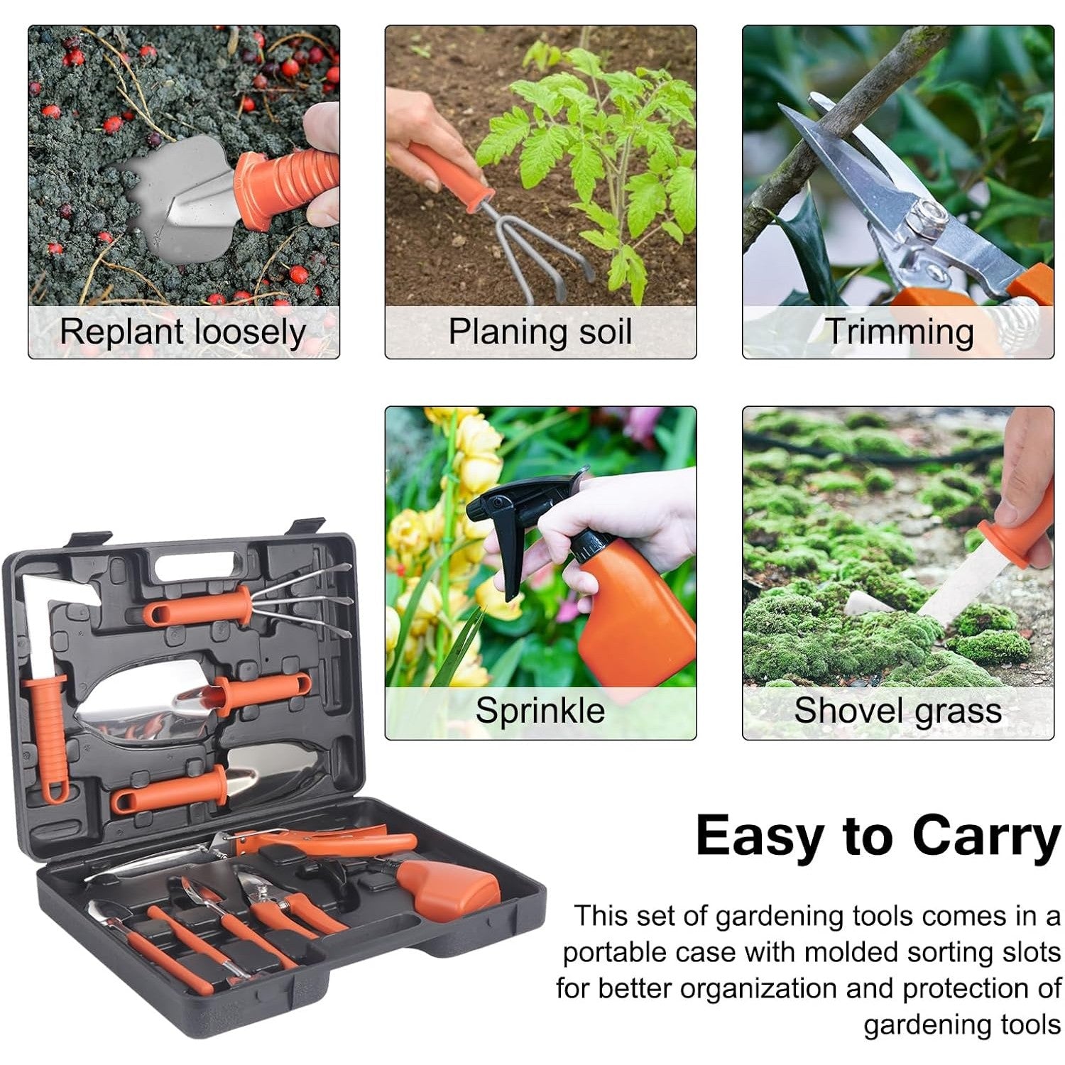 Set 10 Unelte de Gradina, Flippy, pentru Plantare Prelucrare Sol si Ingrijire Plante, Manere Portocalii, Material PVC