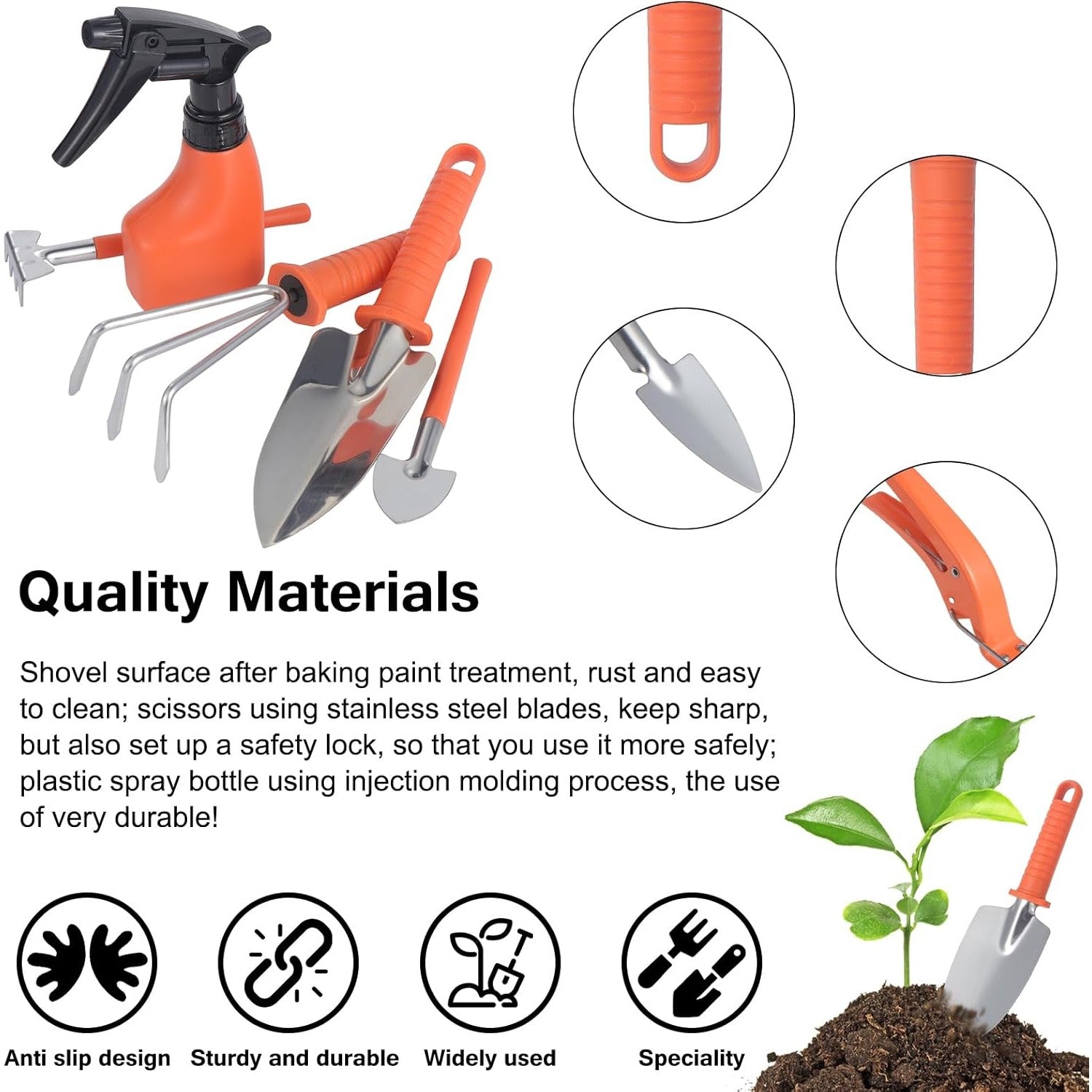 Set 10 Unelte de Gradina, Flippy, pentru Plantare Prelucrare Sol si Ingrijire Plante, Manere Portocalii, Material PVC