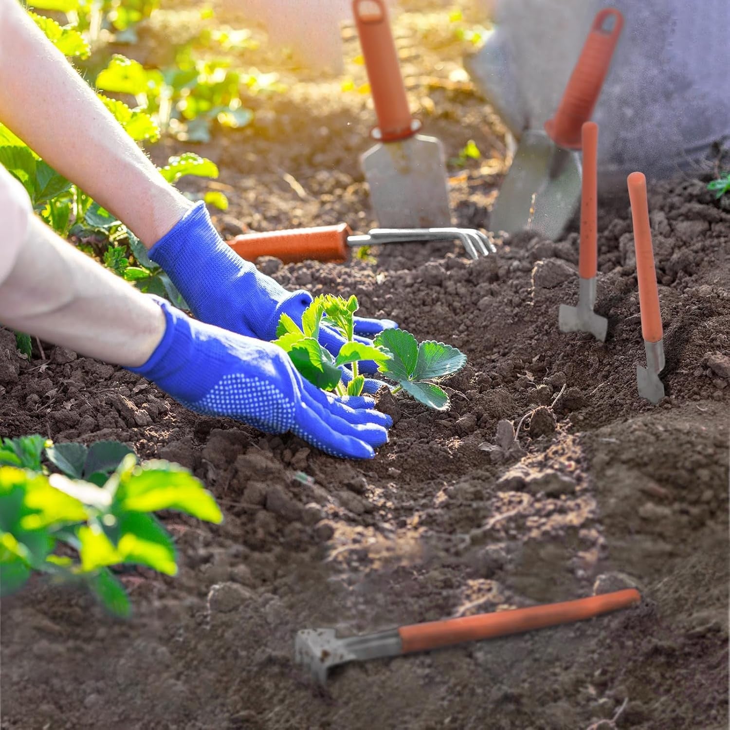 Set 10 Unelte de Gradina, Flippy, pentru Plantare Prelucrare Sol si Ingrijire Plante, Manere Portocalii, Material PVC