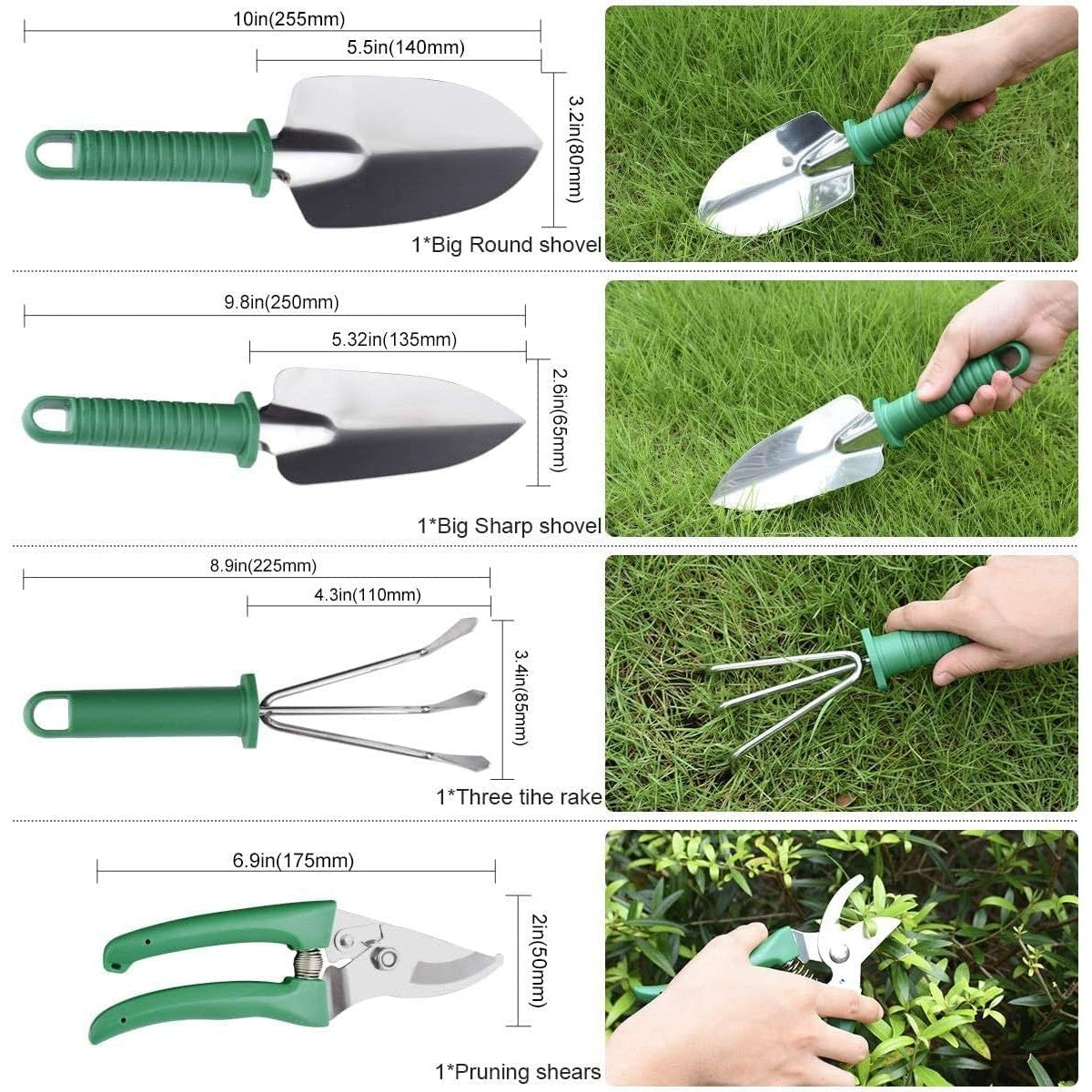 Set 10 Unelte de Gradina, Flippy, pentru Plantare Prelucrare Sol si Ingrijire Plante, Manere Verzi, Material PVC si