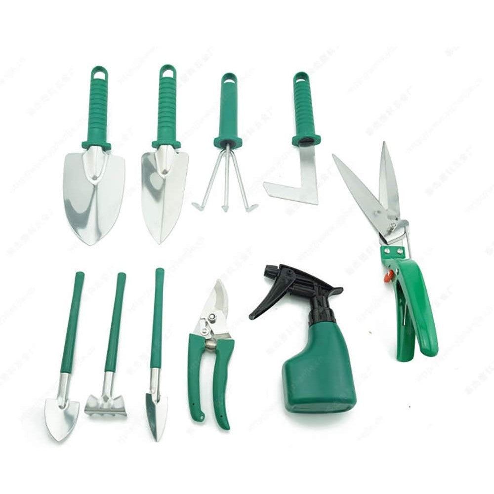 Set 10 Unelte de Gradina, Flippy, pentru Plantare Prelucrare Sol si Ingrijire Plante, Manere Verzi, Material PVC si