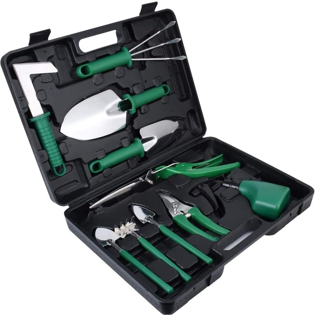 Set 10 Unelte de Gradina, Flippy, pentru Plantare Prelucrare Sol si Ingrijire Plante, Manere Verzi, Material PVC si