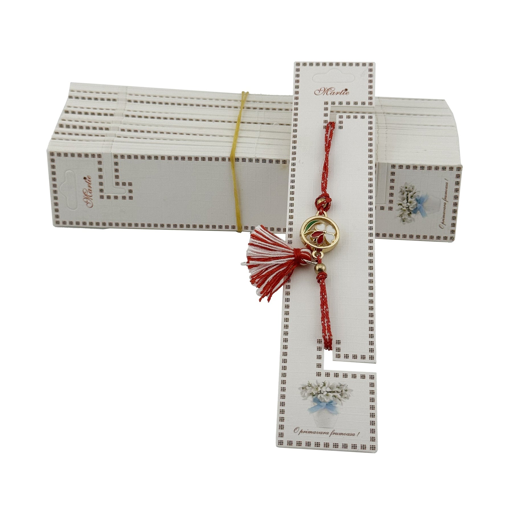 Set 100 Buc Cartonase pentru Bratara Martisor, Flippy, Model Ghiocei, 15 x 3 cm, Design Traditional de Primavara,