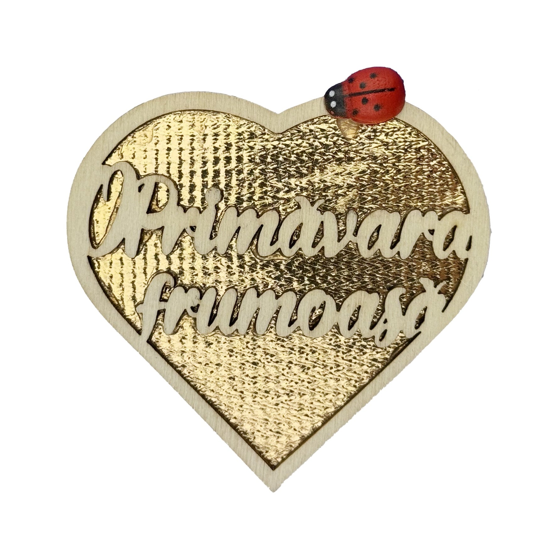 Set 100 bucati Martisor din Lemn cu Magnet, Jolie, Model Inima cu Scris O Primavara Frumoasa, Decor Buburuza, Insertie