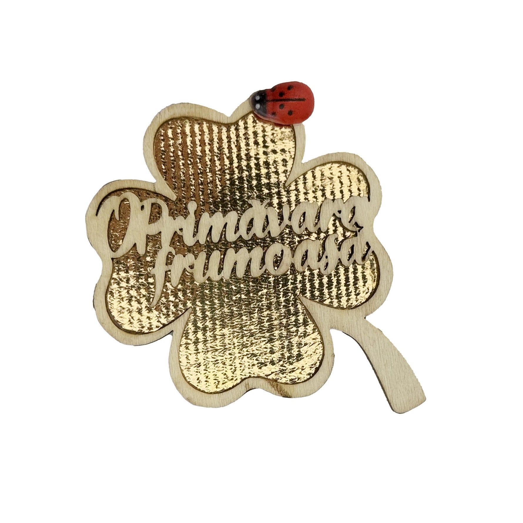 Set 100 bucati Martisor din Lemn cu Magnet, Jolie, Model Trifoi cu Scris O Primavara Frumoasa, Decor Buburuza, Insertie