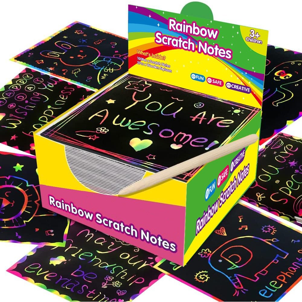 Set 100 de Foi de Hartie de Razuit, Flippy, cu Creion din Bambus, pentru Desen, 8.5 x 8.5, Curcubeu, Negru