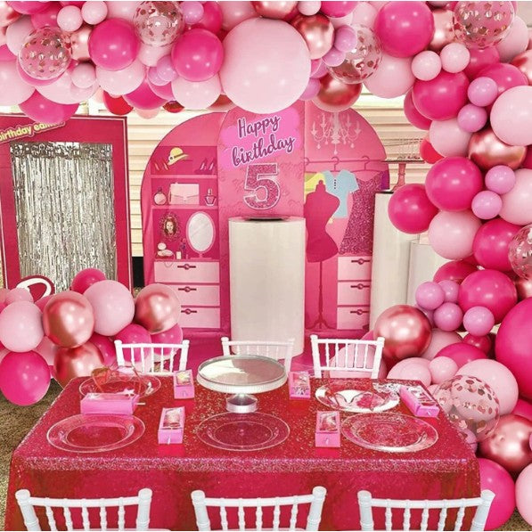Set 126 Baloane din Latex, Flippy, Model Petrecere pentru Arcada, Baloane Party, 12 cm, 25 cm, 30 cm, 45 cm, Roz, Roz