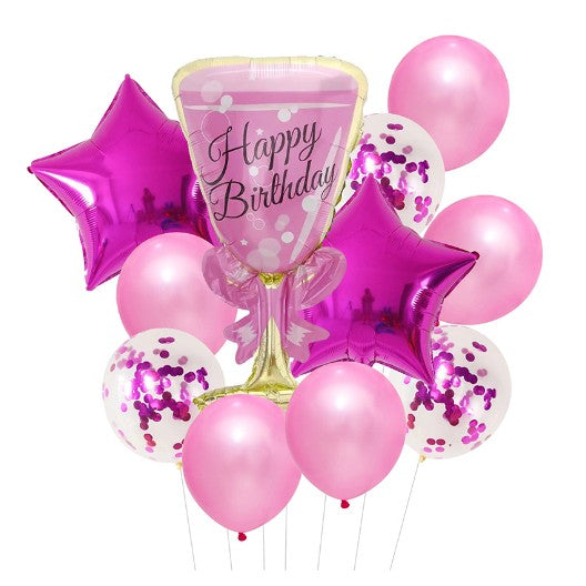 Set baloane Happy Birthday, Flippy, set din 11 bucati, Balon Pahar 93 cm, 2 baloane stea 45 cm, 5 baloane latex 30 cm,