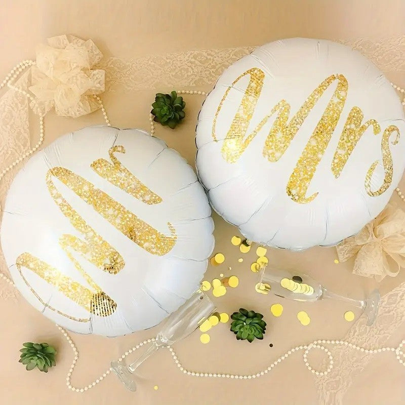 Set 12 Baloane din Folie Metalizata si din Latex, Flippy, Model Mr Mrs, Tema Nunta, Baloane Party cu Confetti, 45 cm,