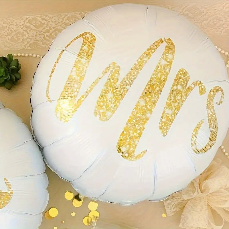 Set 12 Baloane din Folie Metalizata si din Latex, Flippy, Model Mr Mrs, Tema Nunta, Baloane Party cu Confetti, 45 cm,