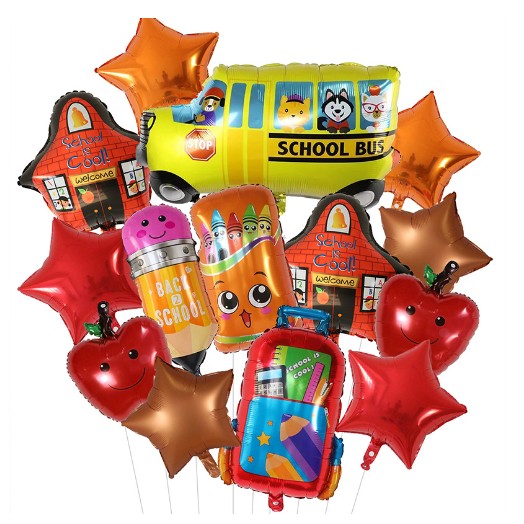 Baloane decorative Back to School, Flippy, Set MIX 12 baloane, Autobuz Mere Stele Rechizite, din folie de aluminiu, 40