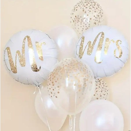 Set 12 Baloane din Folie Metalizata si din Latex, Flippy, Model Mr Mrs, Tema Nunta, Baloane Party cu Confetti, 45 cm,