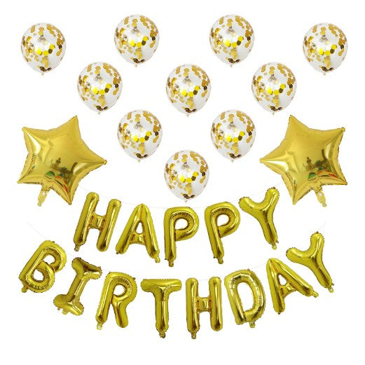 Set 12 Baloane si 1, Set pentru Aniversare, mesaj Happy Birthday, din folie de aluminiu, 30 -45 cm, Cu paiete, latex si