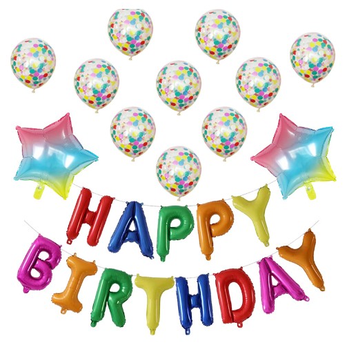 Set 12 Baloane si 1, Set pentru Aniversare, mesaj Happy Birthday, din folie de aluminiu, 30 -45 cm, Cu paiete, latex si