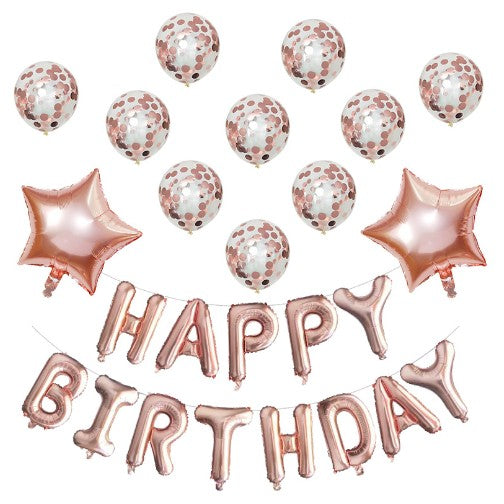Set 12 Baloane si 1, Set pentru Aniversare, mesaj Happy Birthday, din folie de aluminiu, 30 -45 cm, Cu paiete, latex si