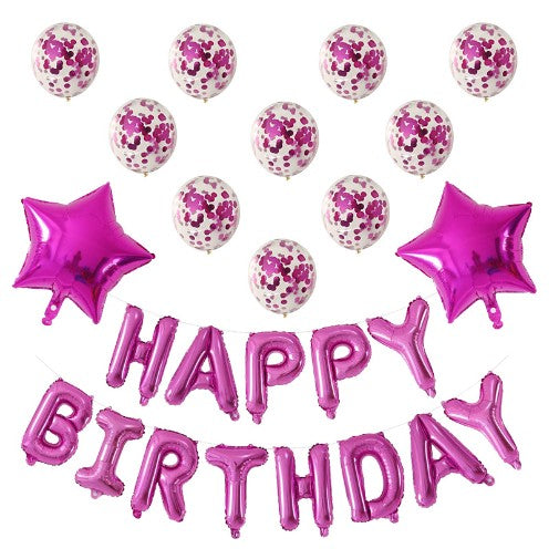 Set 12 Baloane si 1, Set pentru Aniversare, mesaj Happy Birthday, din folie de aluminiu, 30 -45 cm, Cu paiete, latex si