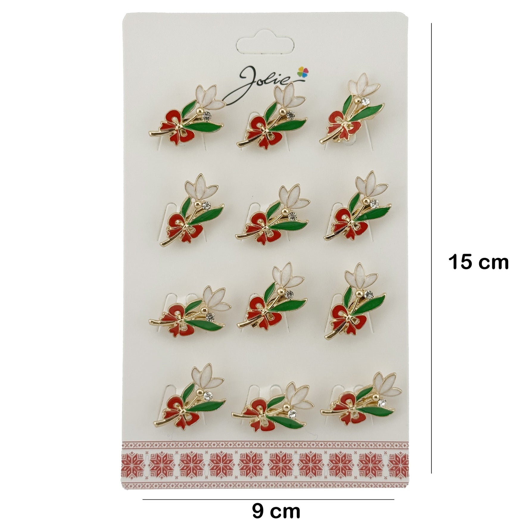 Set 12 Brose Martisor cu Ghiocel de Primavara si Fundita Rosie, Jolie, Brose din Metal, Aspect Lacuit, 2 x 2 cm per