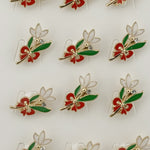 Set 12 Brose Martisor cu Ghiocel de Primavara si Fundita Rosie, Jolie, Brose din Metal, Aspect Lacuit, 2 x 2 cm per