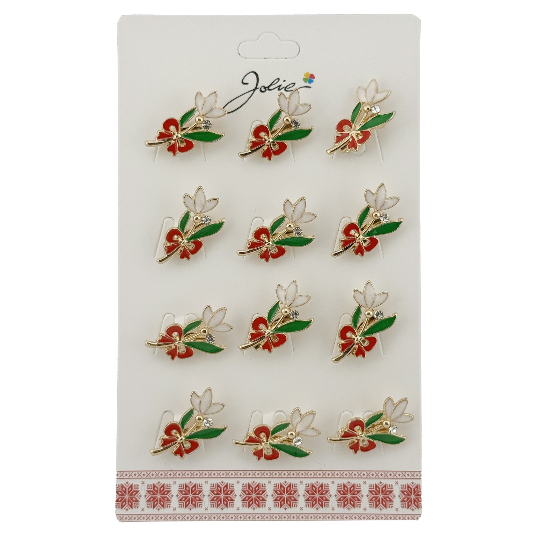Set 12 Brose Martisor cu Ghiocel de Primavara si Fundita Rosie, Jolie, Brose din Metal, Aspect Lacuit, 2 x 2 cm per
