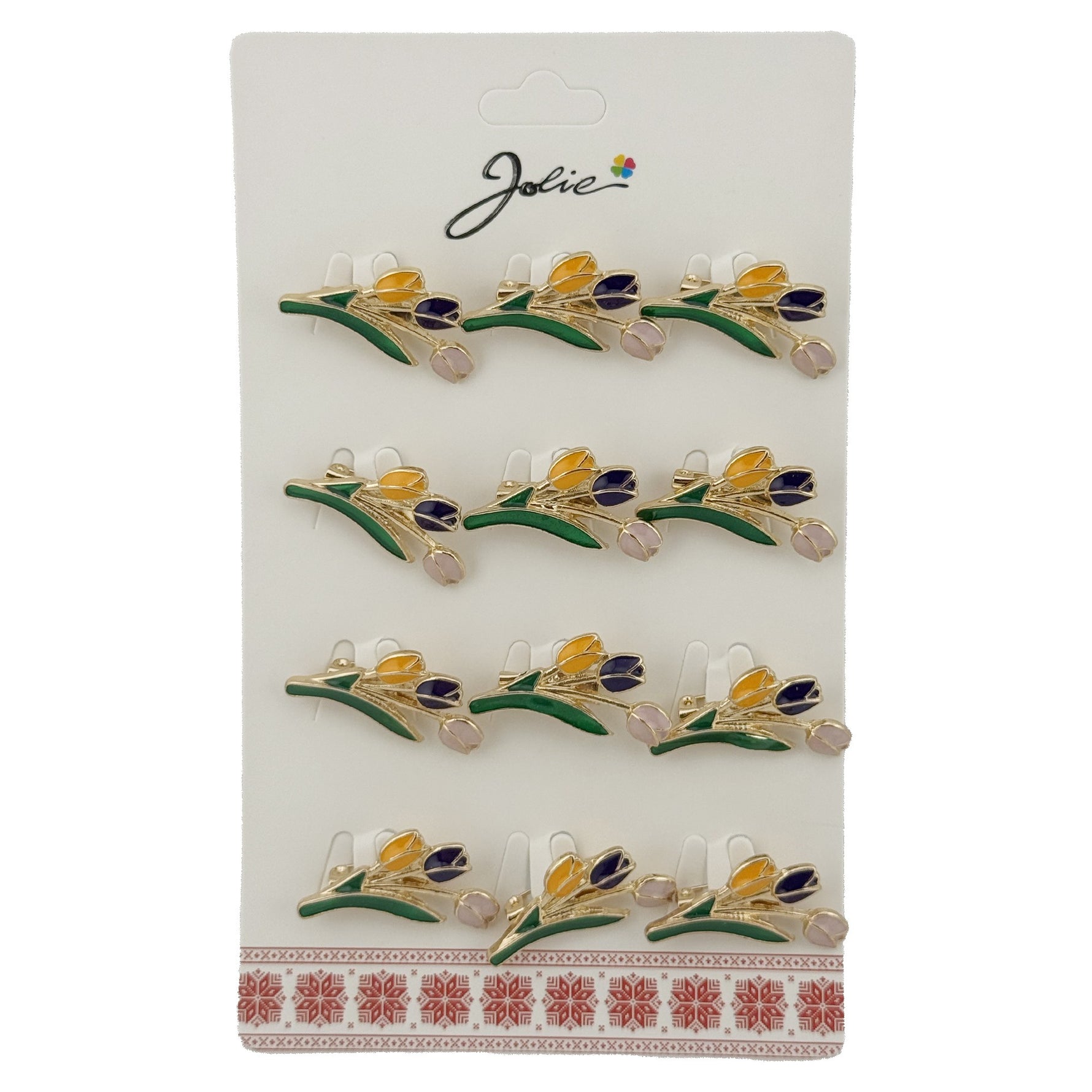 Set 12 Brose Martisor de Primavara cu Buchet de Lalele, Jolie, Brose din Metal, Aspect Lacuit, 2,5 x 1,5 cm per