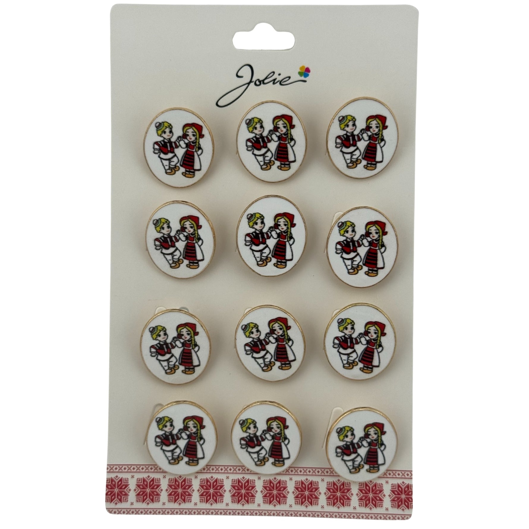 Set 12 Brose Martisor pentru Copii, Jolie, Model Baiat si Fata Imbracati Traditional, Multicolor