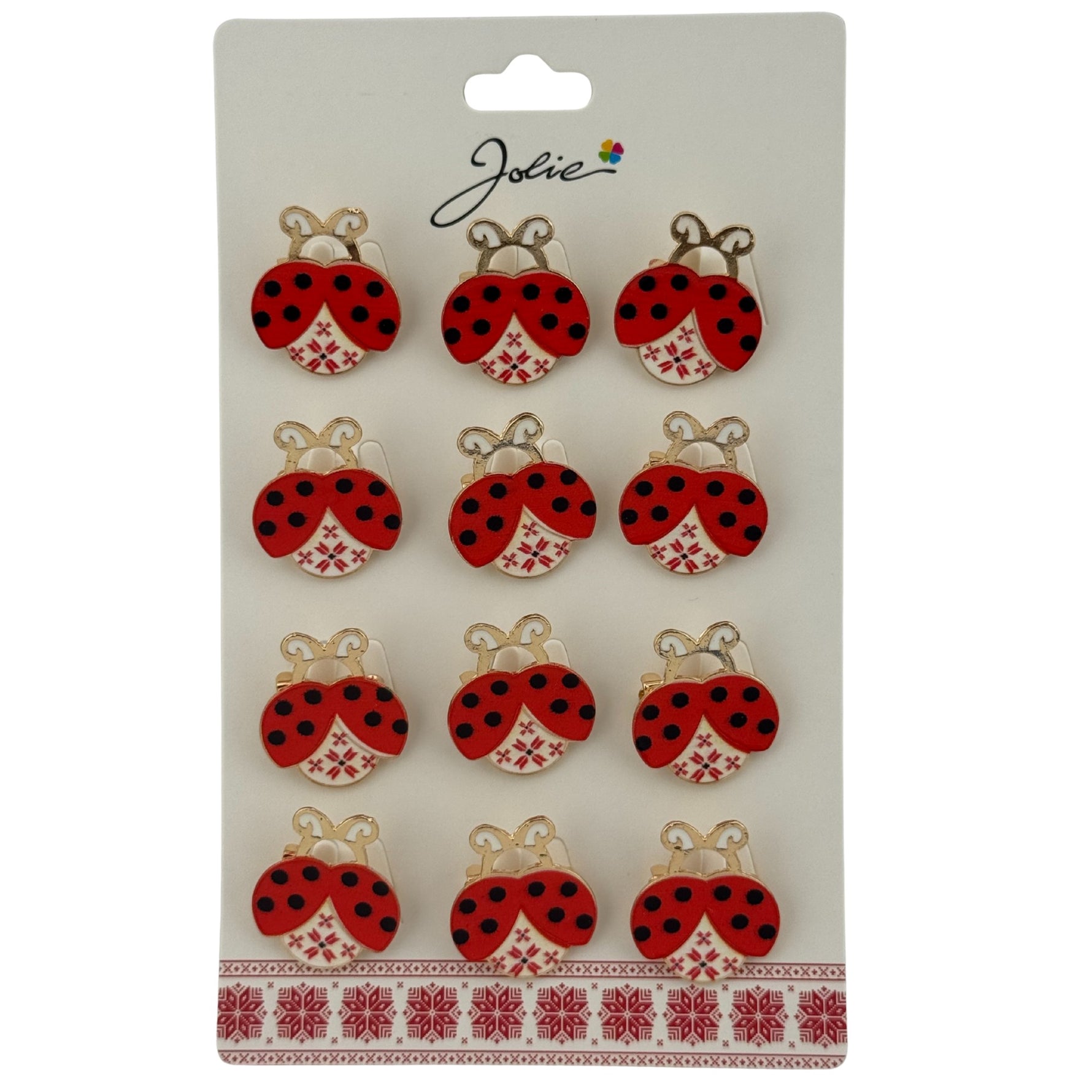 Set 12 Brose Martisor pentru Copii, Jolie, Model Buburuza cu Motiv Traditional, Rosu Alb