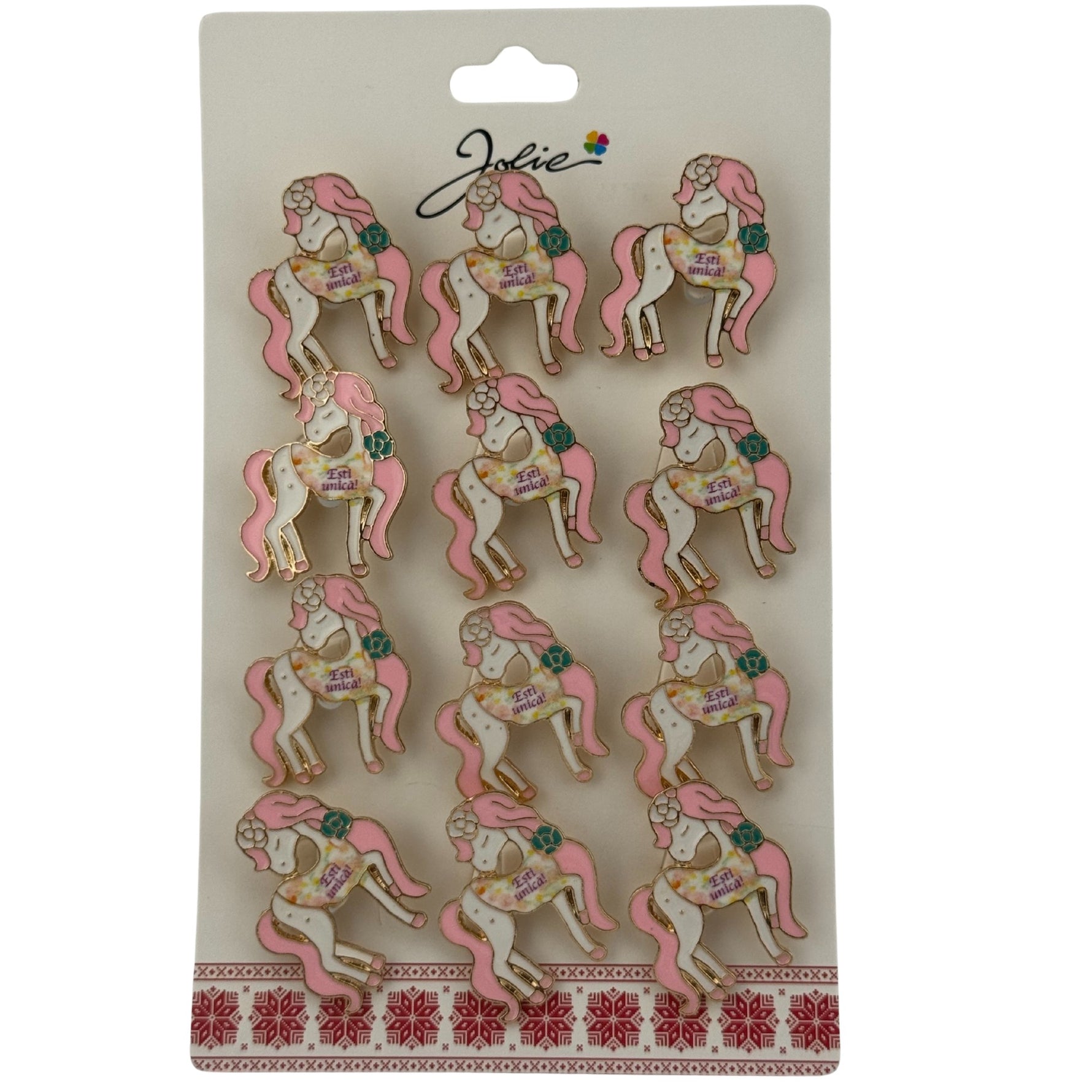 Set 12 Brose Martisor pentru Copii, Jolie, Model Unicorn cu Par Roz, cu Mesaj Esti Unica, Multicolor