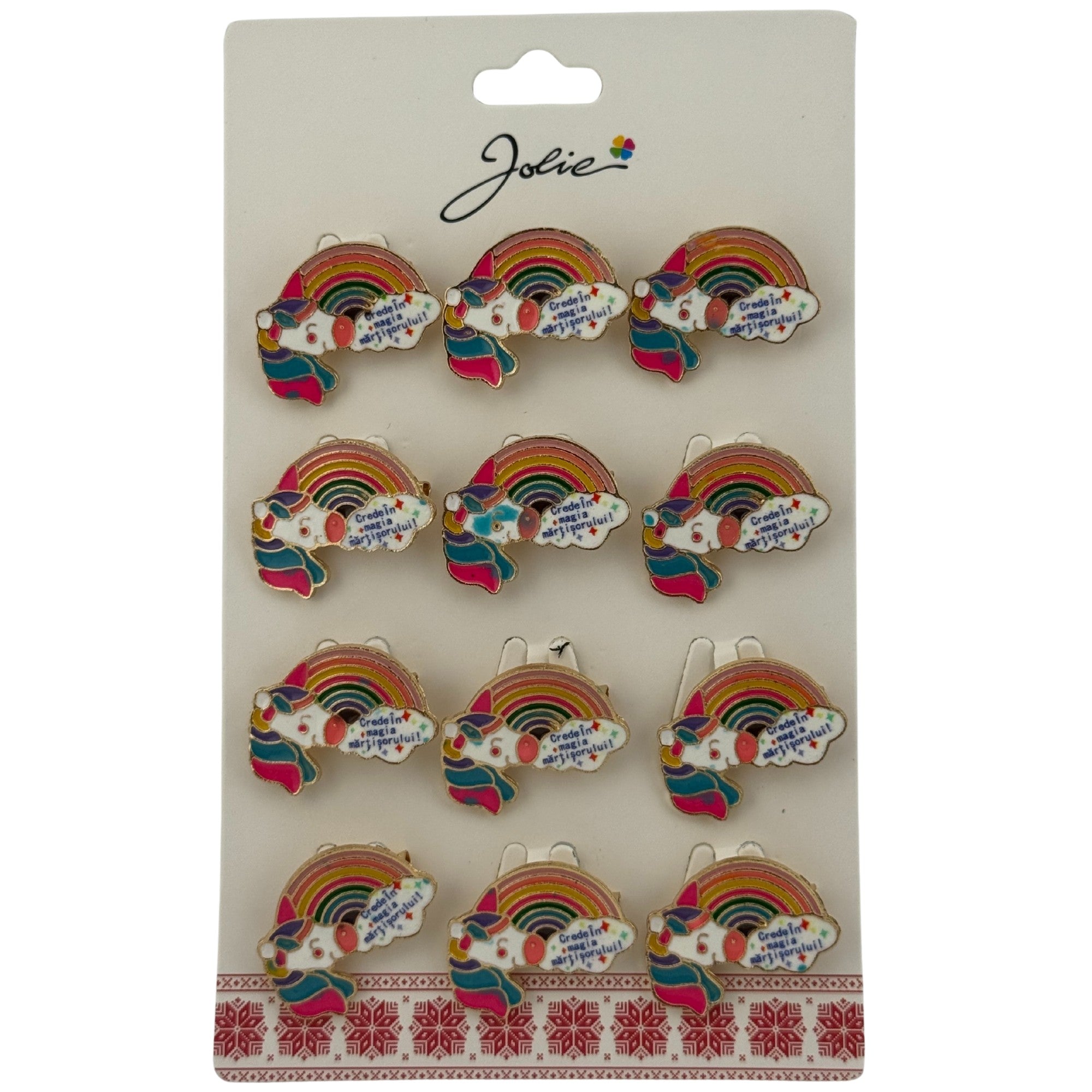 Set 12 Brose Martisor pentru Copii, Jolie, Model Unicorn Curcubeu, cu Mesaj Crede in Magia Martisorului, Multicolor